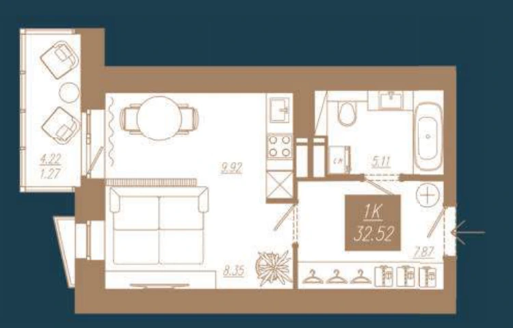 Планировка 1-комнатная квартиры 32,52 м²