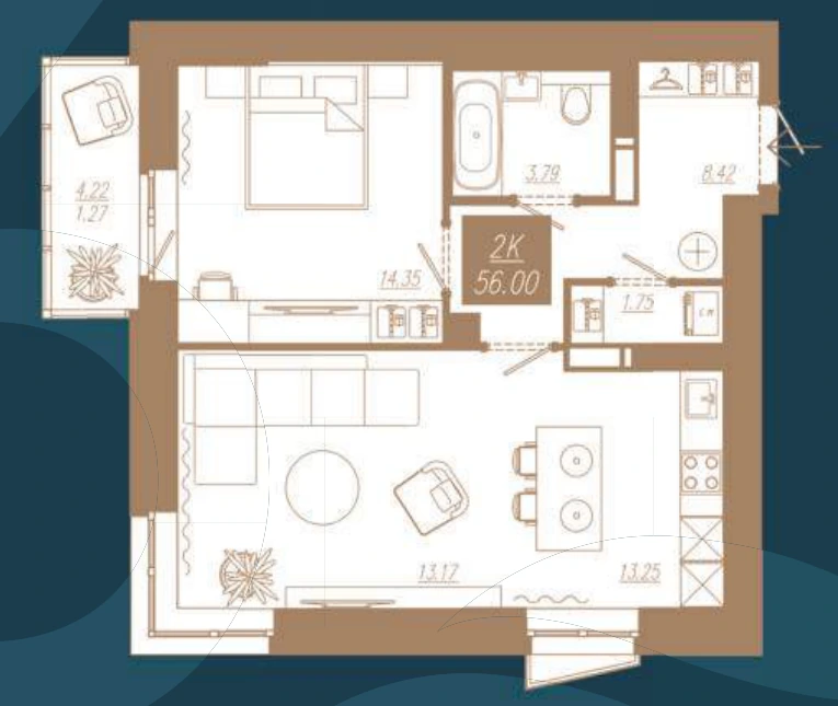 Планировка 2-комнатная квартиры 56,00 м²