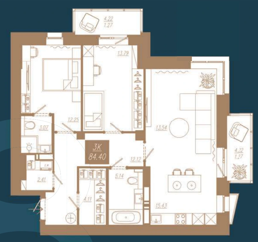 Планировка 3-комнатная квартиры 84,40 м²